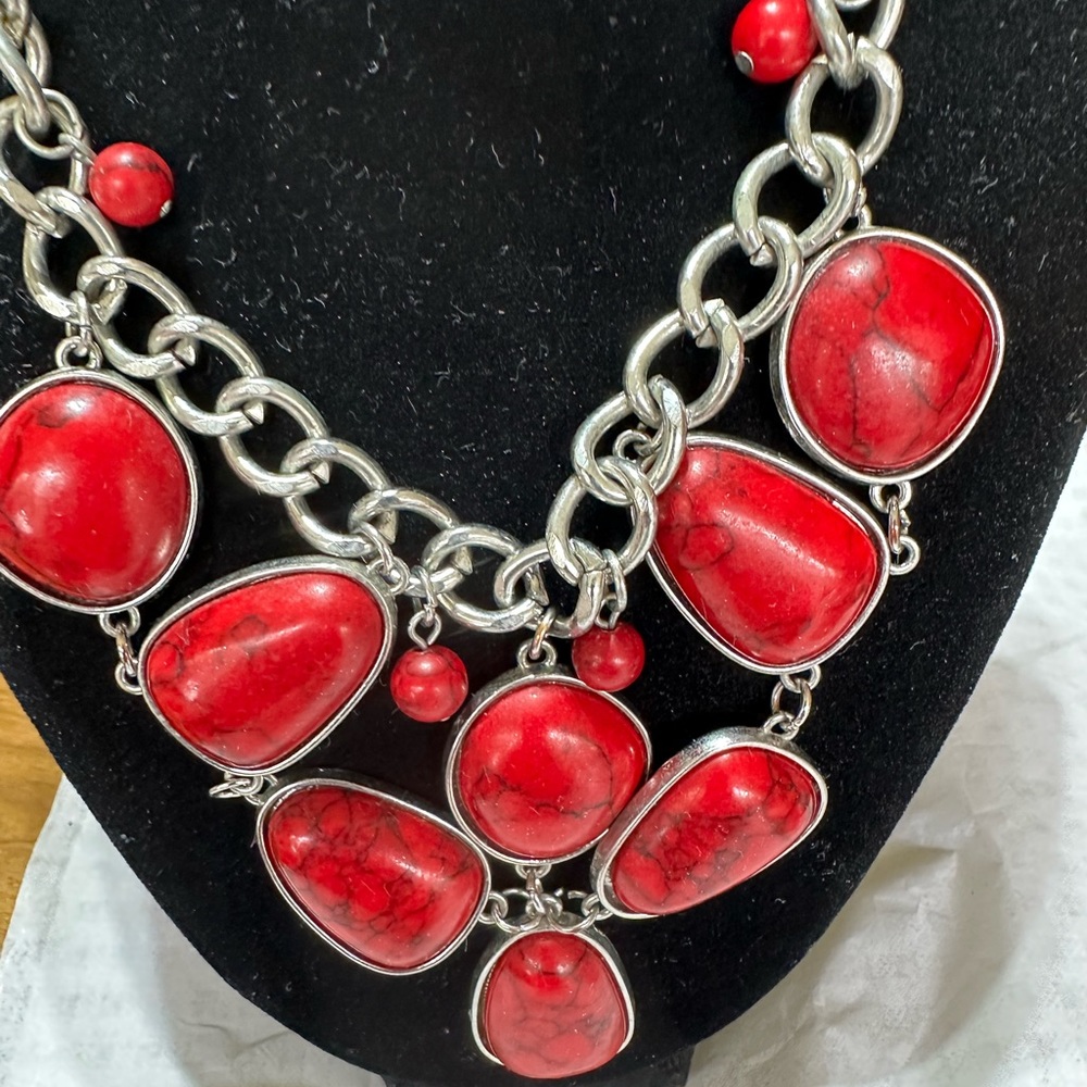 Silver Tone Red Statement Necklace - image 2
